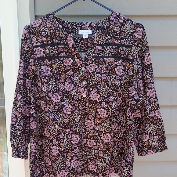 J. Jill Tops - J JILL Black & Pink Floral Tunic  Blouse Corduroy Small